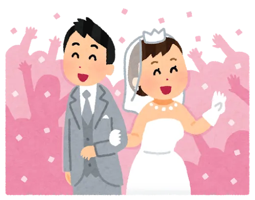 結婚式で祝福される新婚夫婦