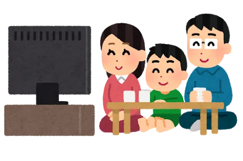 家族3人がテレビを見て楽しんでいるイラスト